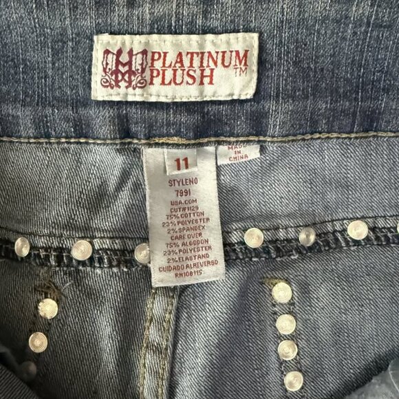 Platinum Plush Dark Wash Mid Rise Rhinestone Bell Bottom Jeans - Picture 2 of 2